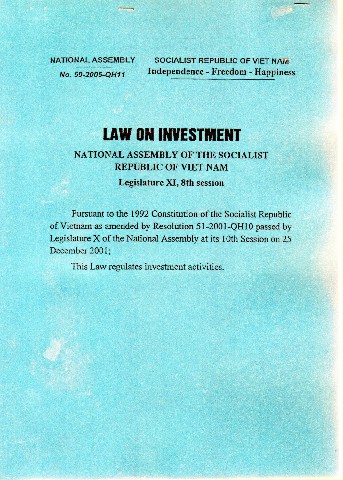 Law on Investment: National Assembly of The Socialist Republic Of Vietnam