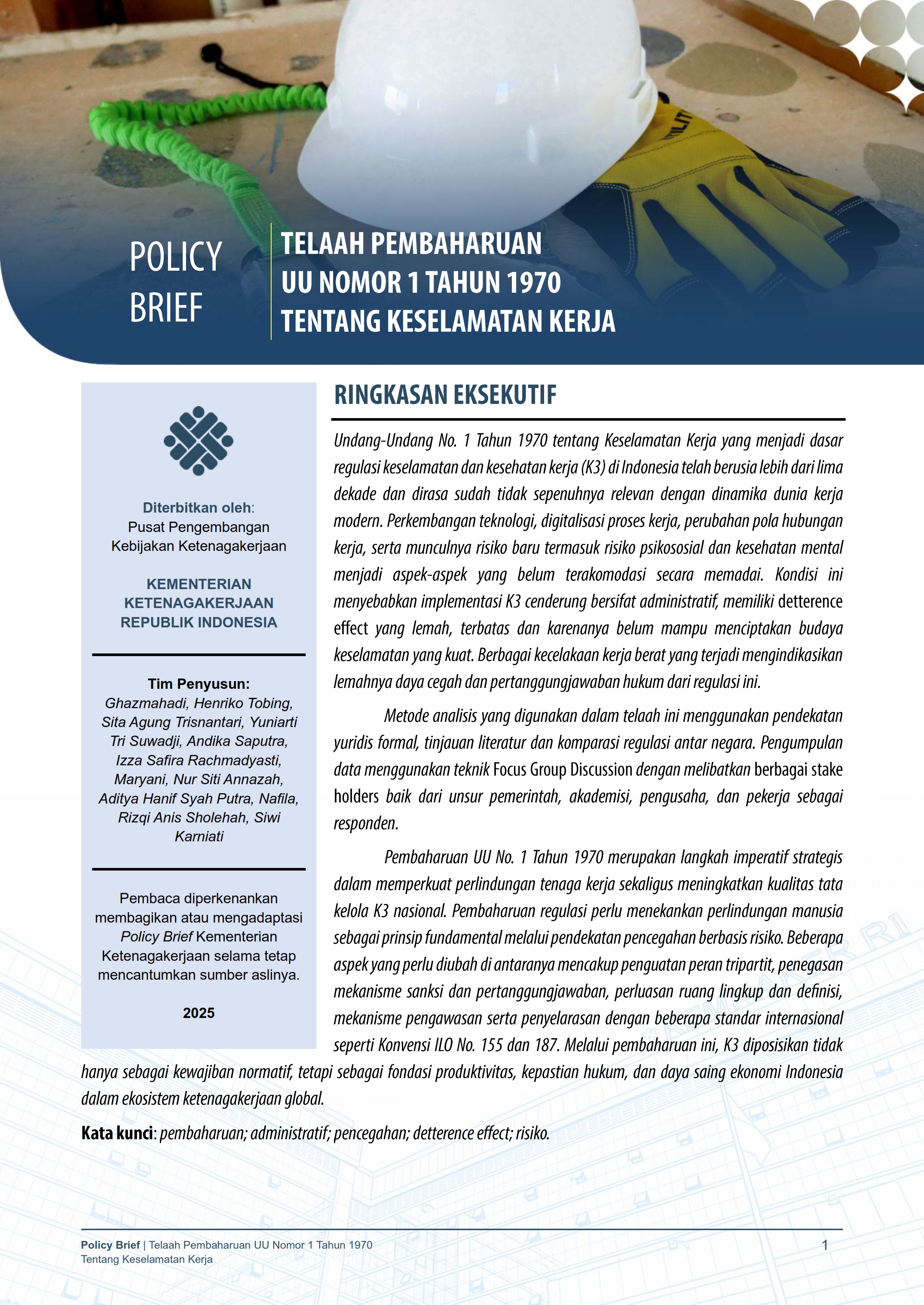 Penelitian Hukum Pembaharuan Undang-undang Nomor 1 Tahun 1970 tentang Keselamatan Kerja